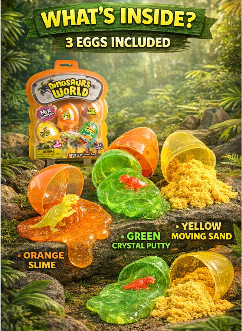 فريق عظيم مجموعة Greateam Dinosaurs World الحسية المكونة من 3 بيضات سلايم برتقالي قابل للتمدد عجينة كريستالية خضراء ورمل متحرك أصفر مع 2 مجسم ديناصور يضيئان في الظلام طقم سلايم مطاطي للأطفال 3+ سنوات لعبة حسية مستوحاة من عالم الديناصورات لعبة تعليمية آمنة معتمدة EN71 للأطفال أفضل هدية لرمضان - Image 2